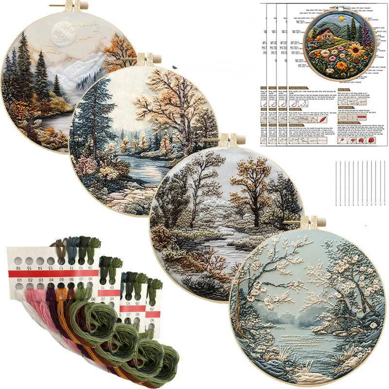 Nature Scenery Embroidery Kit for Beginners with Pattern, Needlepoint Starter Kits for Adults, Embroidery Set