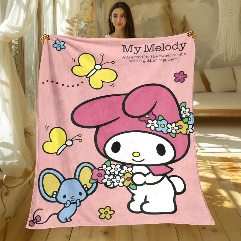 My Melody Sanrio Cartoon Printed Flannel Blanket.Sofa .Bedroom.Bed Home Office Nap Blanket Car. Travel Picnic Blankets Gift