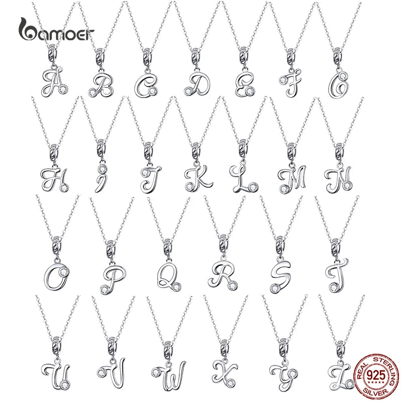 BAMOER 925 Sterling Silver Letter Charm Necklace Vintage A to Z CZ Alphabet Letters Beads Neck Chain Fashion Birthday Jewelry