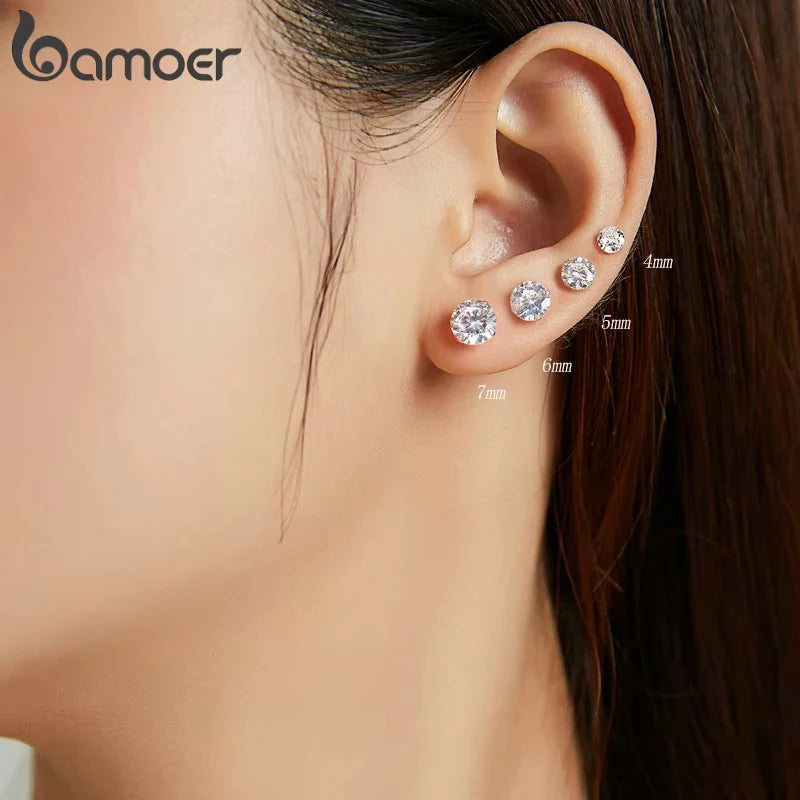 BAMOER Platinum Plated Classic Round CZ Stud Earrings Prongs Set 925 Sterling Silver Hypoallergenic Elegant Jewellry 3mm 5mm 7mm