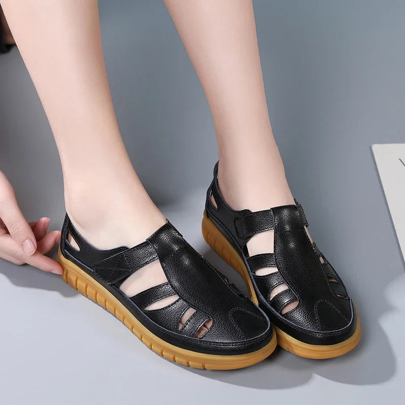 Women Gladiator Sandals Split Leather Summer Shoes Woman Hollow Out Flat Sandals Ladies Casual Soft Bottom Female Beach Sandal