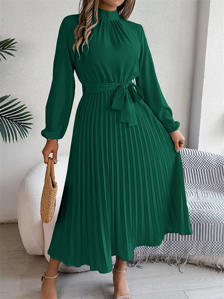 Maxi Long Dress Women Full Sleeve High Waist Design Pleated  high neck Dress