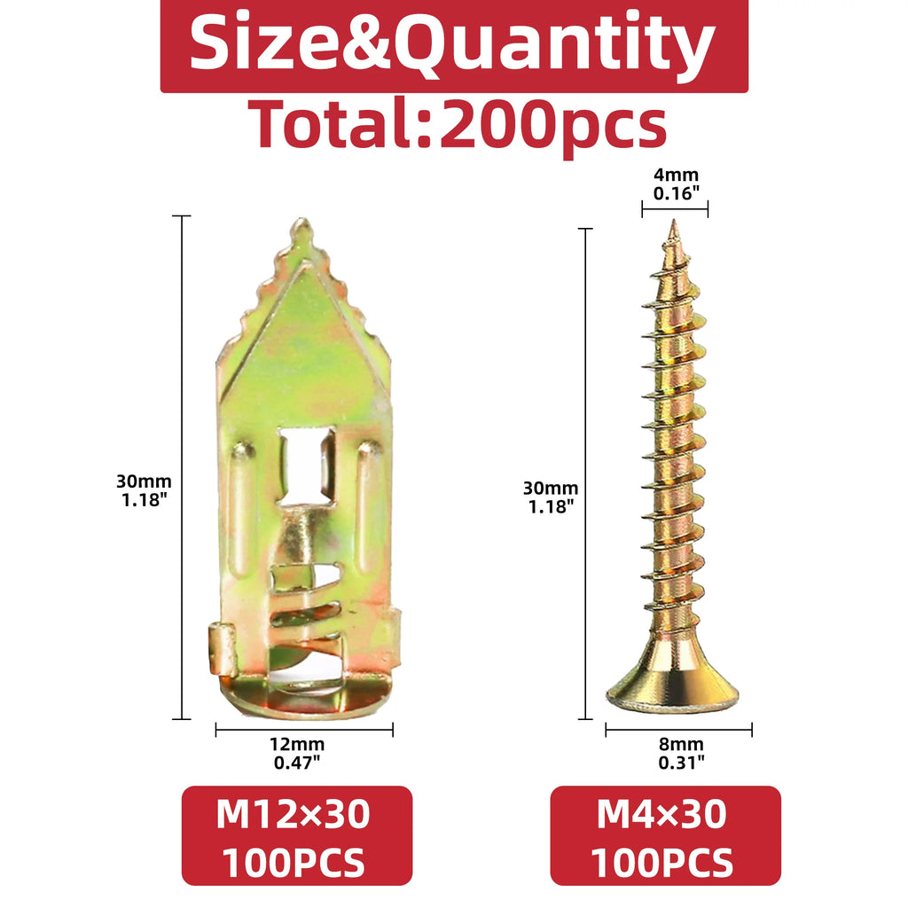 30/60/100set Self Drilling Drywall Anchors with Screws Kit With A 30mm Length High Quality Gypsum Expansion Drywall Anchor Screw