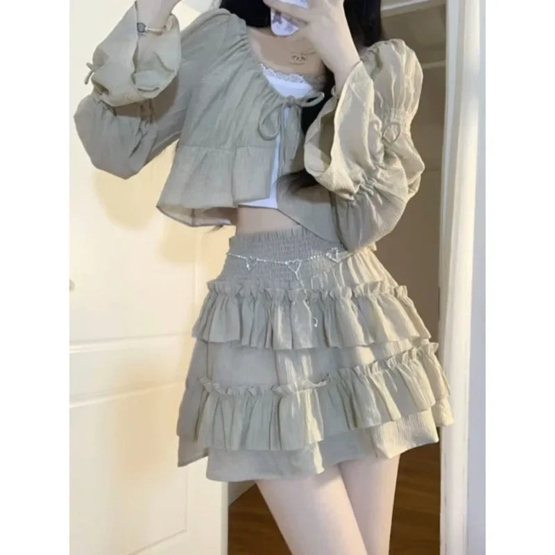Cropped Top Cake Skirt Three-Piece Set Autumn New Arrival Tankvest Flower Edge Dress In China