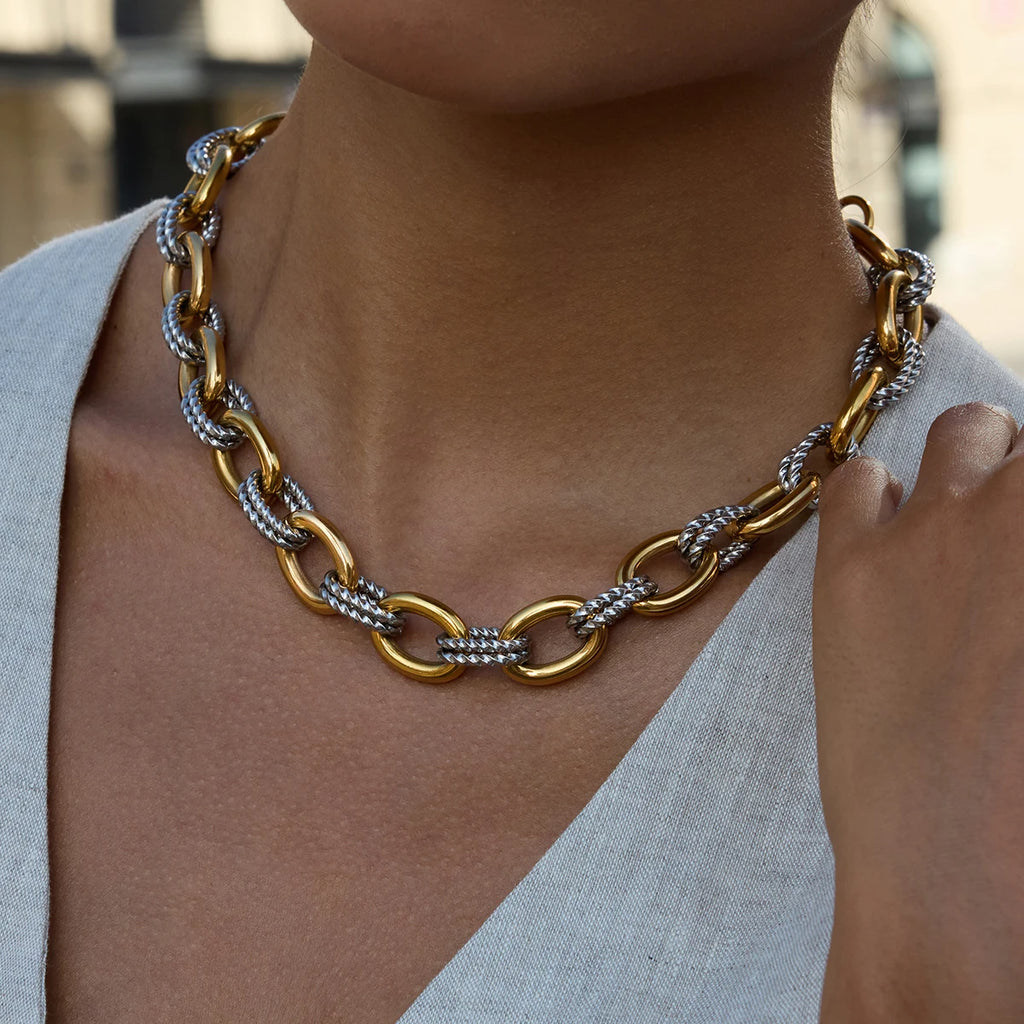 Youthway Women's Stainless Steel Two Color Design Necklace 18k Gold Color Plated Twisted Splicing Stackable Waterproof Jewelry