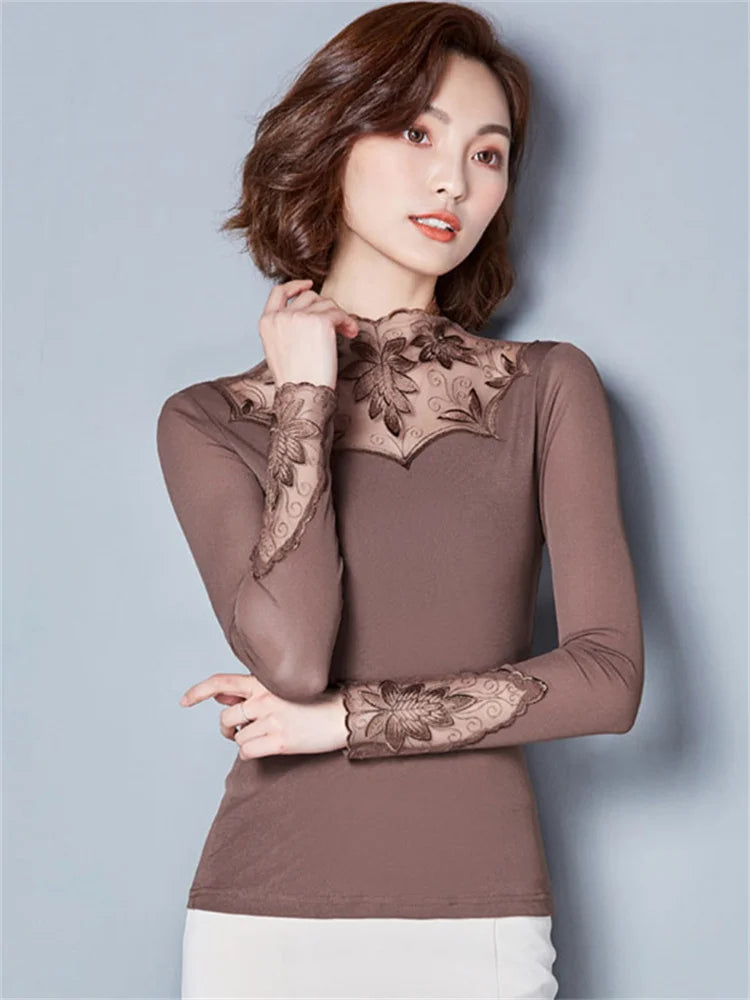 Women Spring Autumn Style Lace Blouses Shirts Casual Long Sleeve Patchwork Spliced Turtleneck Blusas Tops DF1491