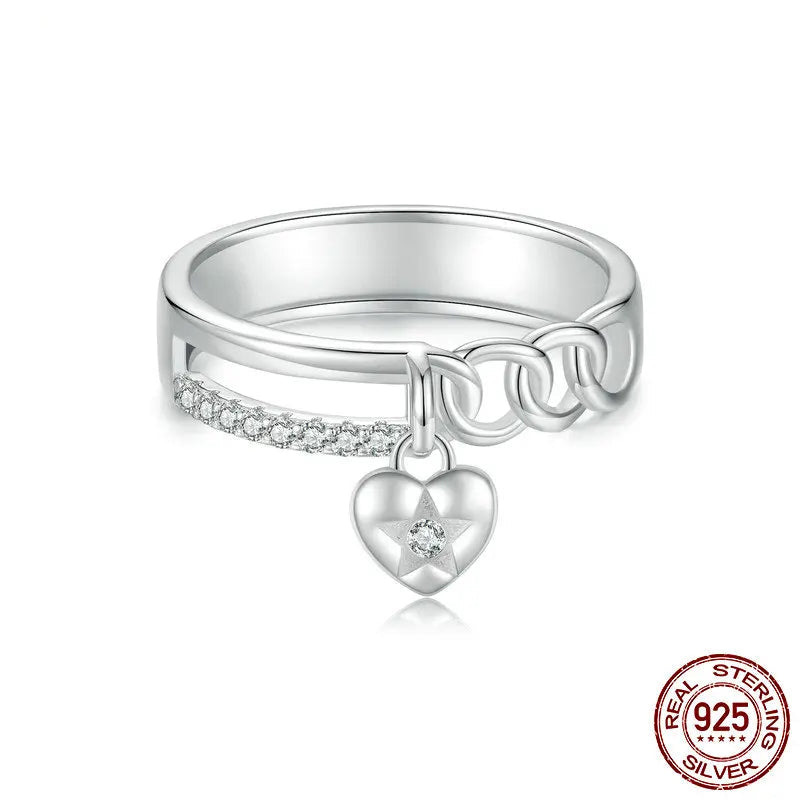 BAMOER 925 Sterling Silver Double-layer Ring with Heart, 2024 New Chic Chain Band Ring Jewelry Gift for Women Girl BSR572