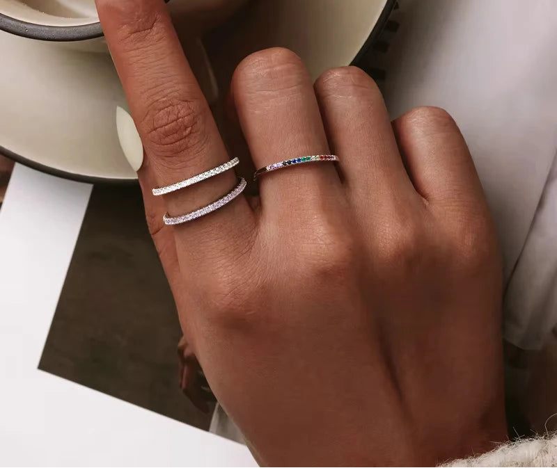 BAMOER 925 Sterling Silver CZ Simulated Diamond Stackable Ring Platinum Plated Eternity Bands for Women