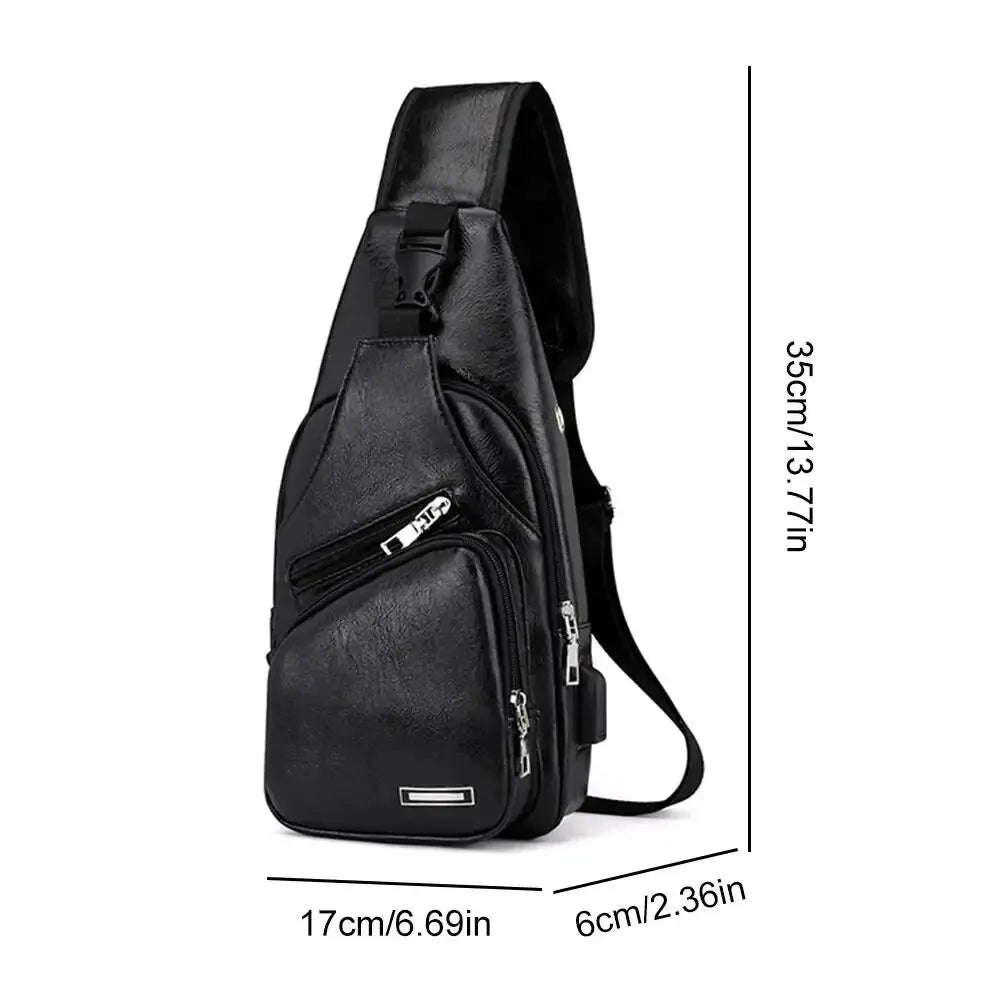 Casual PU Leather Multifunctional USB Charging Zipper MEN'S Chest Bag Crossbody Bag for Commuting