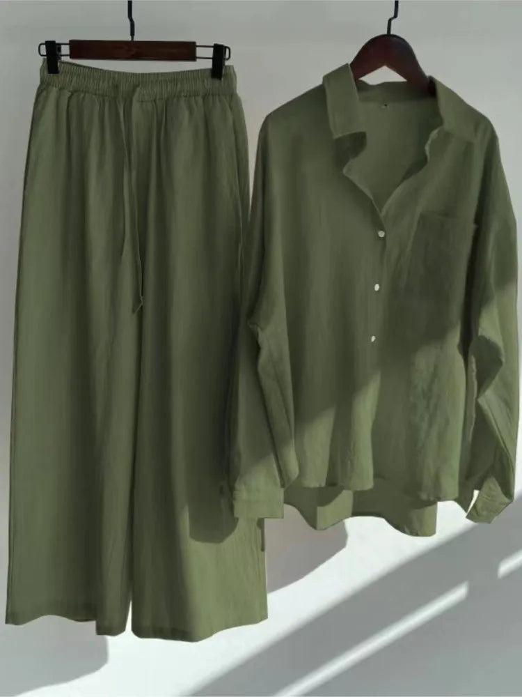 Women's Two Piece Casual Long Sleeve Shirt Women's Suit Fashion Button Casual Female Wide Leg Pants 2 Piece Sets
