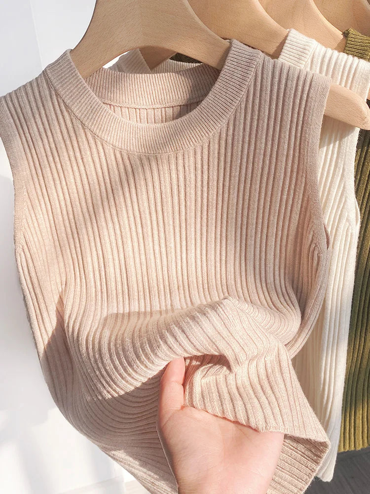 Knitted Vests Women Top O-neck Solid Tank Blusas Y2K Summer New Fashion Female Sleeveless Casual Thin Tops