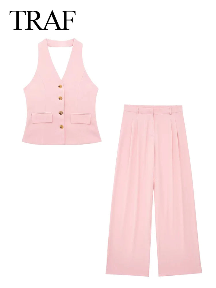 2 Piece Set Halter Neck Single-Breasted Pocket Sleeveless Halter Vest Tops+High Waist Zipper Pockets Wide Leg Pant