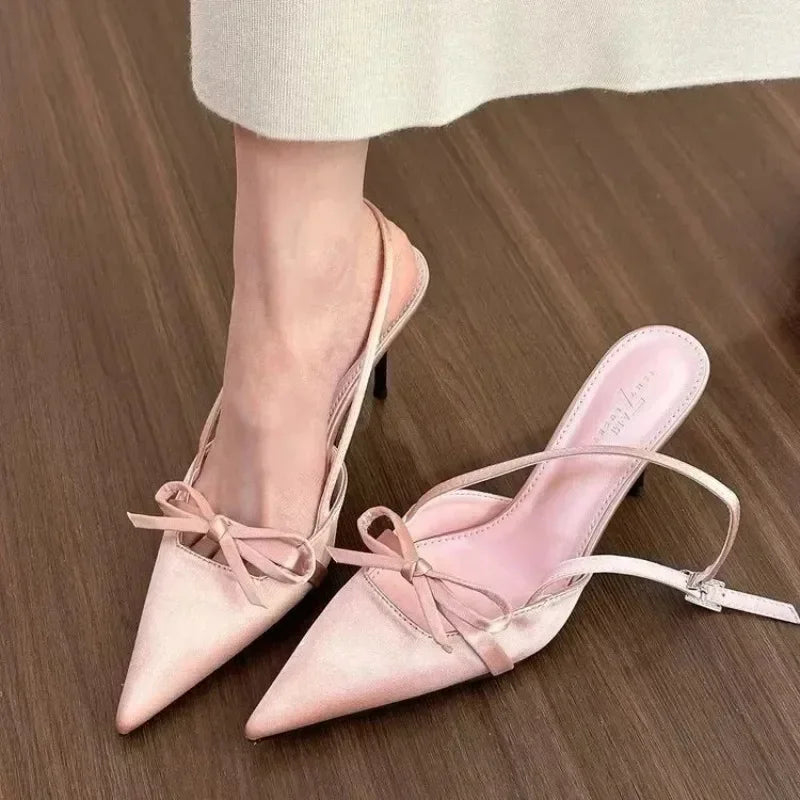 Satin Pointed Toe High Heeled Sandals Women Summer New Sexy Thin Heels Slingback Shoes Bow Elegant Party Dress Shoes Women Pumps