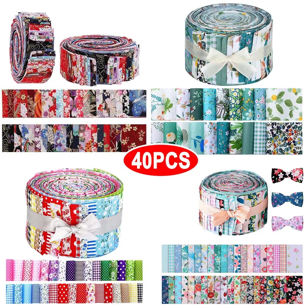 40Pcs Floral Cotton Fabric Patchwork Roll Fabric Jelly Fat Quarters Fabric Strips For Quilting Sewing DIY & Quilt Beginners 6.5 X 25cm