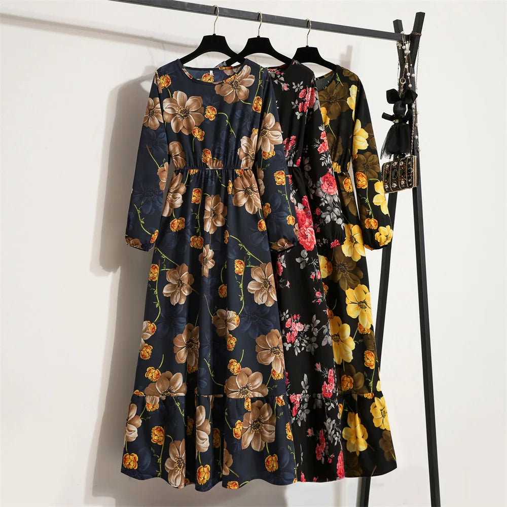 Long Dress Full Sleeve Bohemian High Waist Chiffon Dresses Floral Maxi