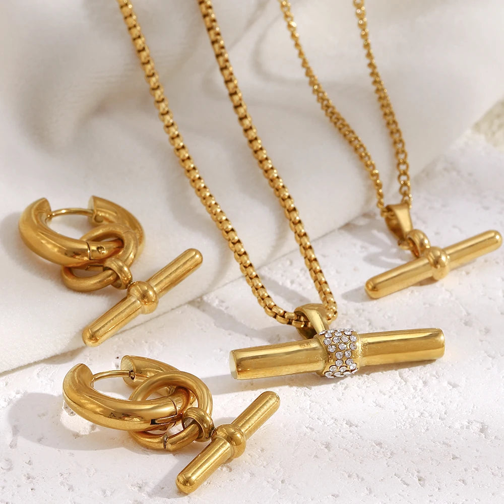 Stainless Steel T-Bar Pendant Necklace Earrings Waterproof 18K Gold Plated Jewelry Women's Earrings Necklace
