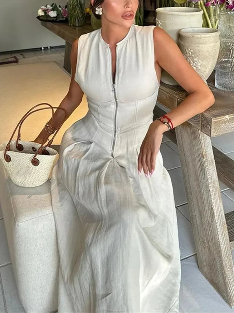 Zipper Long Dress Woman Pleated Sleeveless Bodycon Dress Summer Elegant Party Dresses For Women 2024 New Midi Dresses