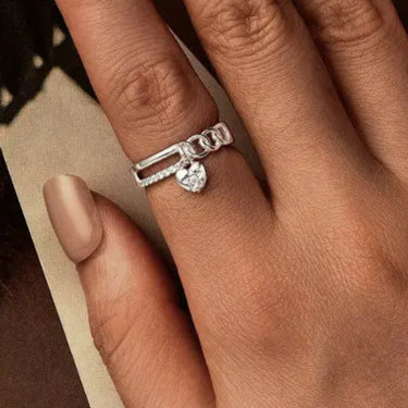 BAMOER 925 Sterling Silver Double-layer Ring with Heart, 2024 New Chic Chain Band Ring Jewelry Gift for Women Girl BSR572
