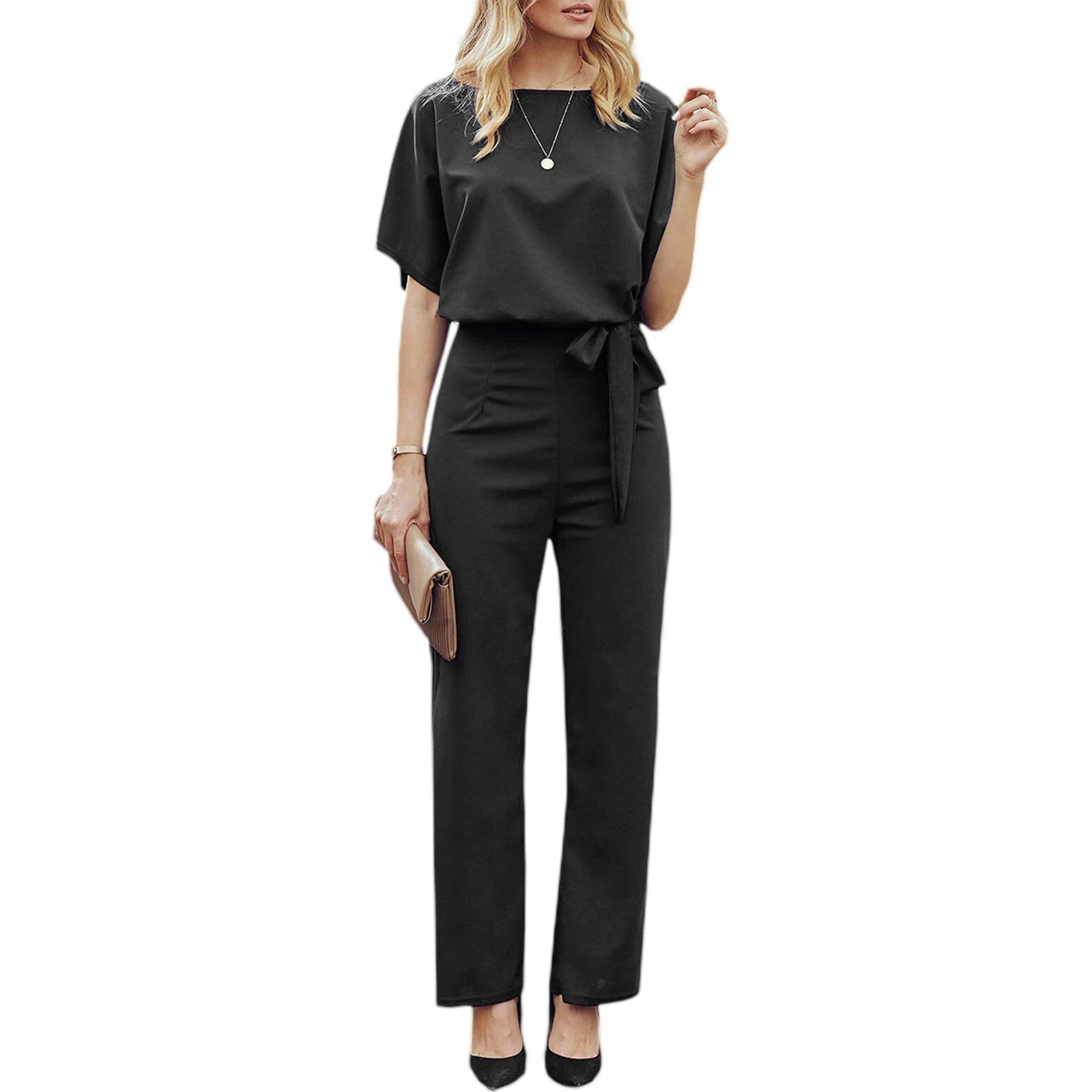 Jumpsuit, Elegant Short Sleeve Hollowed Waist Tie Solid Summer Wide Leg Pants