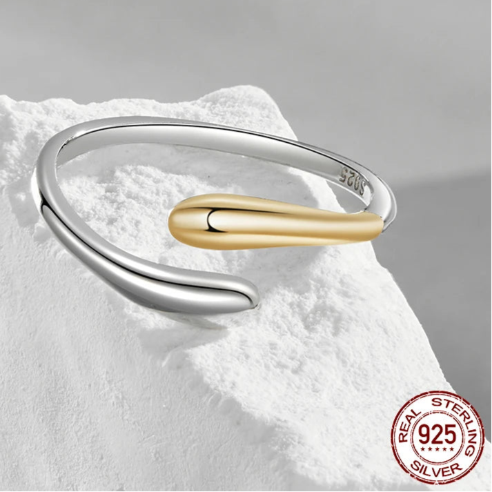 BAMOER 925 Sterling Silver Two-Tone Waterdrop Open Adjustable Ring, Waterdrop Rings Statement Rings Simple Stackable Band Rings