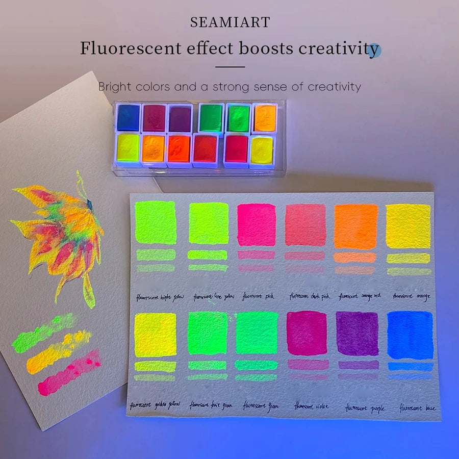 12 Fluorescent color solid watercolor paint Portable neon watercolor pigments Hand-painted Art lovers professional painting tool
