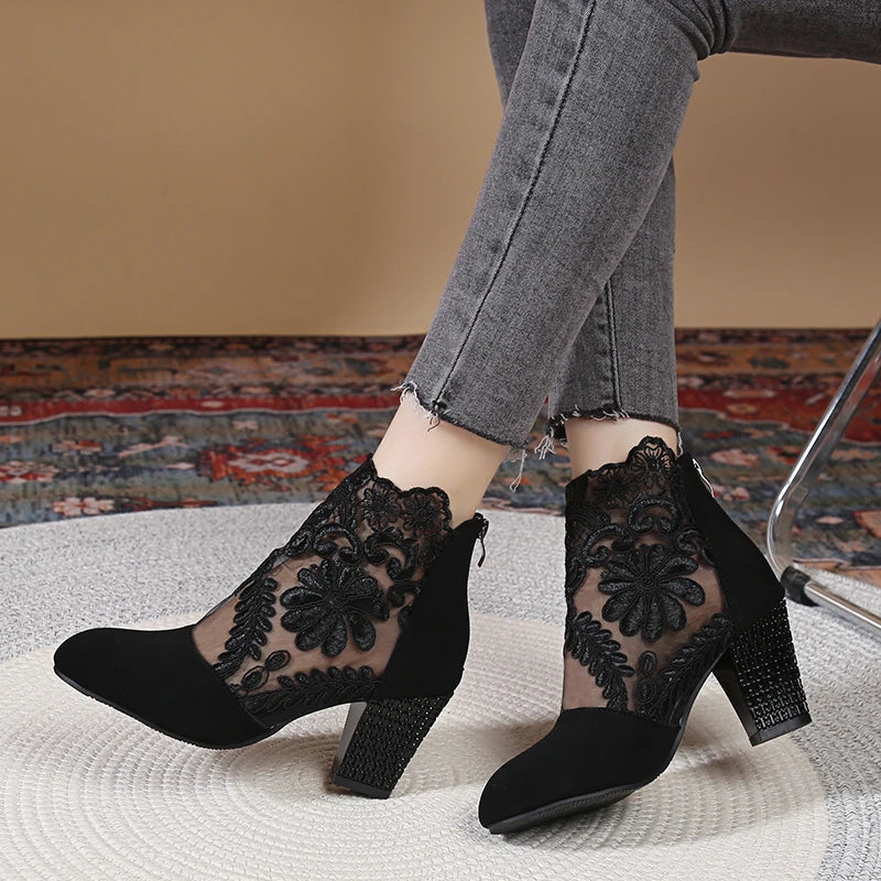 Women's Shoes Zipper Fashion Women's Sandals Flower Decoration Office Shoes Boot Pointed-toe Ankle Sandals Zapatos
