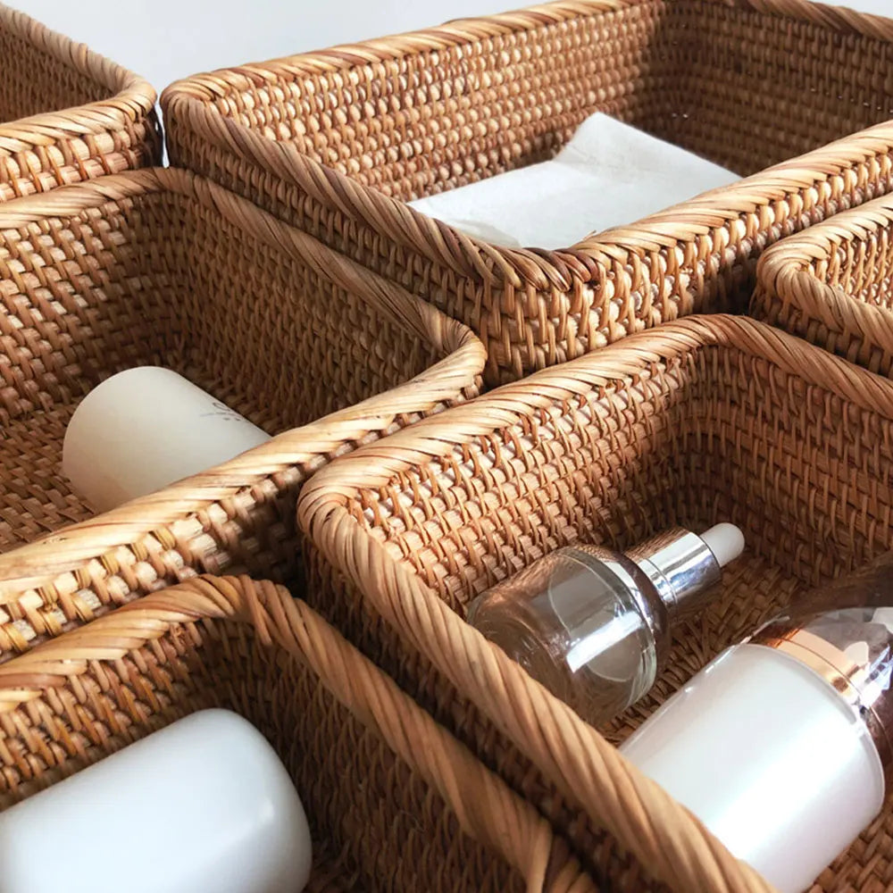 Rattan Wicker Basket Fruit Snacks Tray Bread Hand-knitted Box Portable Picnic Storage Box