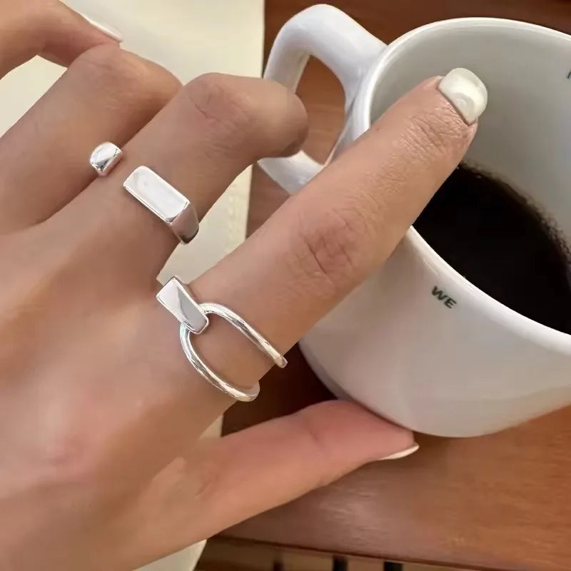 Sterling Silver Rings INS Fashion Hip Hop Vintage Couples Hollow Lines Punk Thai Silver Party Adjustable  Jewelry