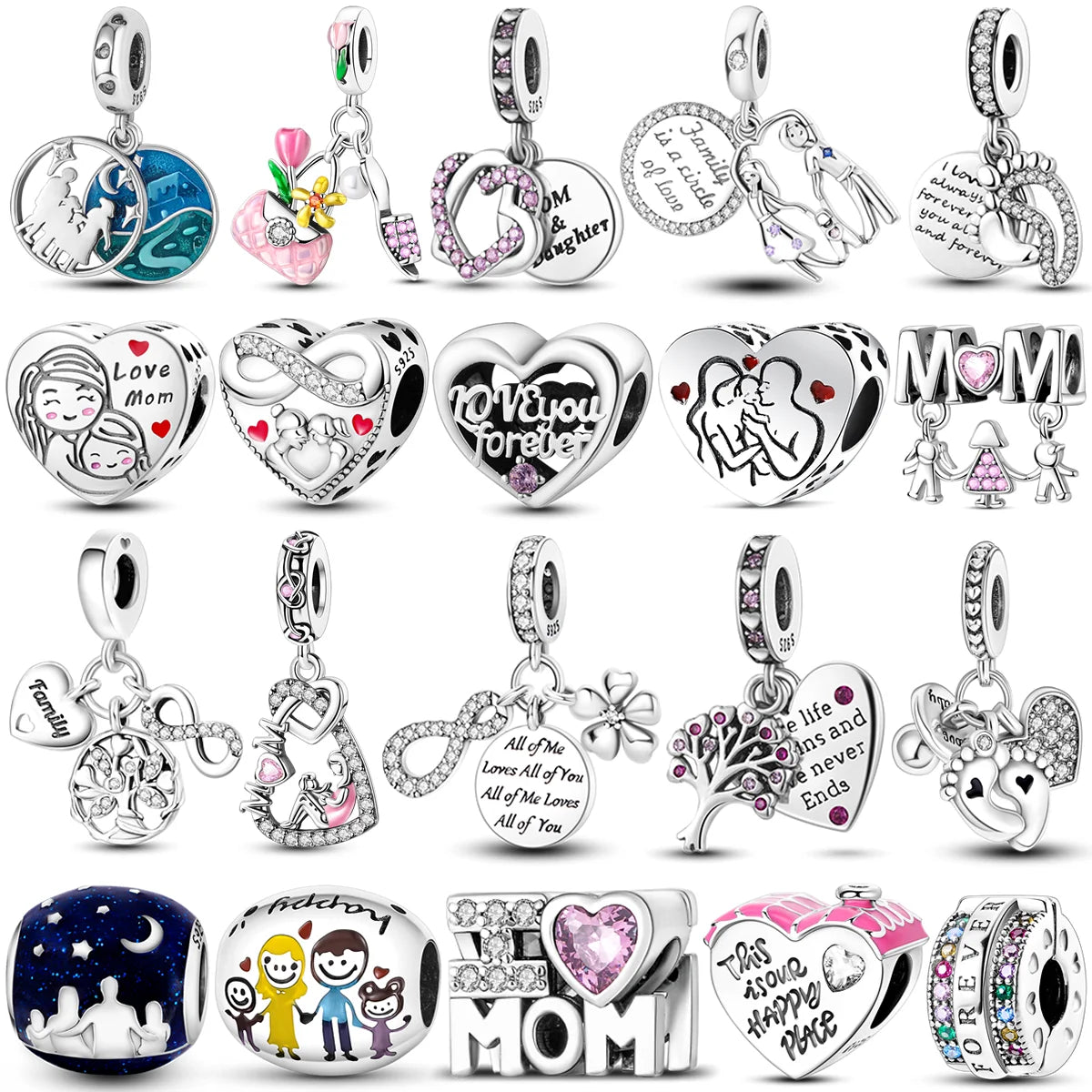 925 Sterling Silver Charm Bead Mum Love Happy Family Dangle Fit Original Bangle Bracelet Necklace DIY Jewelry