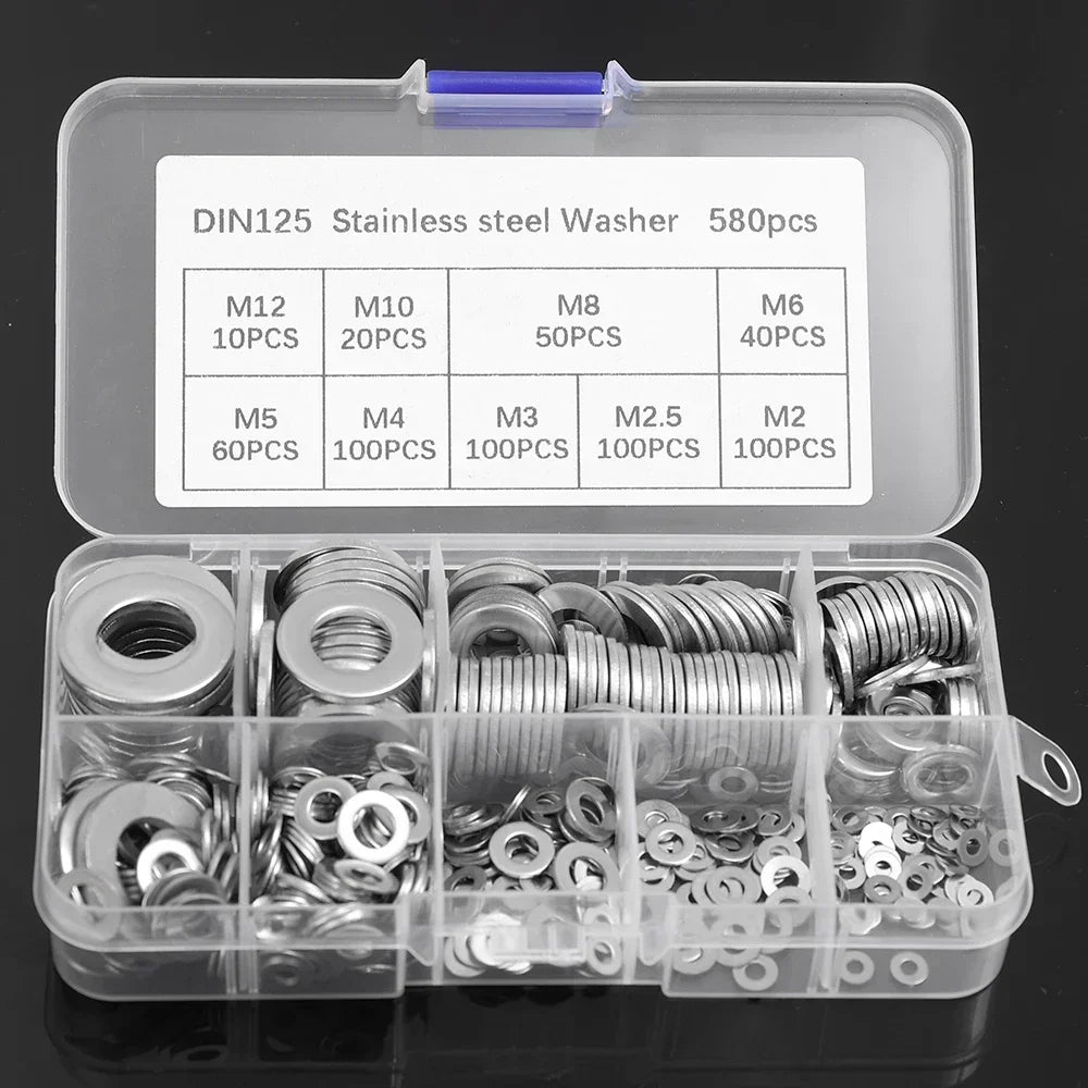 580/180pcs Stainless Steel Washer Assortment Kits M2-M12 Metal Screw Flat Washers Rings Plain Gaskets Fasteners for Screws Bolts
