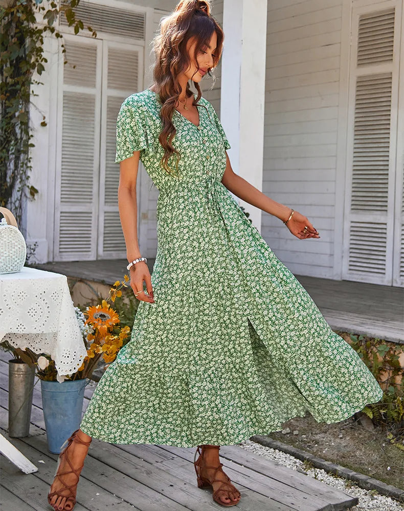 Vintage Floral Dress Summer Beach Holiday Leisure Long Dresses High Waist
