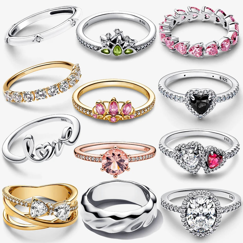 925 Silver Exquisite Sparkling Gold Love Heart  Princess Fashion Pear shaped Disney Crown Ring DIY Jewelry