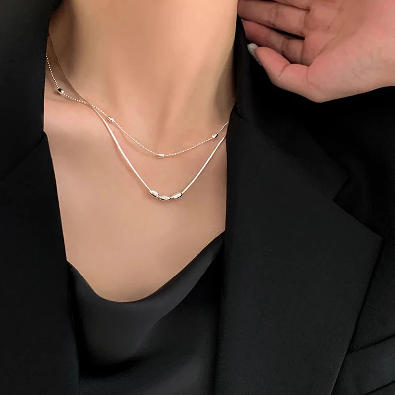 New 925 Sterling Silver Double Layer Necklace Simple Charm Geometric Shape Pendant Choker Birthday Party Gift Exquisite Jewelry