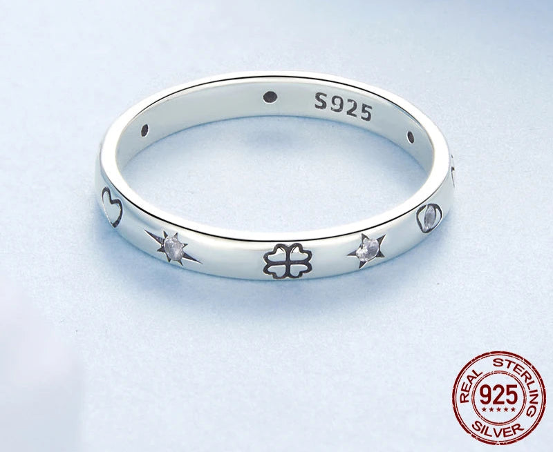 BAMOER Solid 925 Sterling Silver Lucky Guardian Band Ring, Minimalistic Statement Ring with CZ Delicate Personalized Jewelry