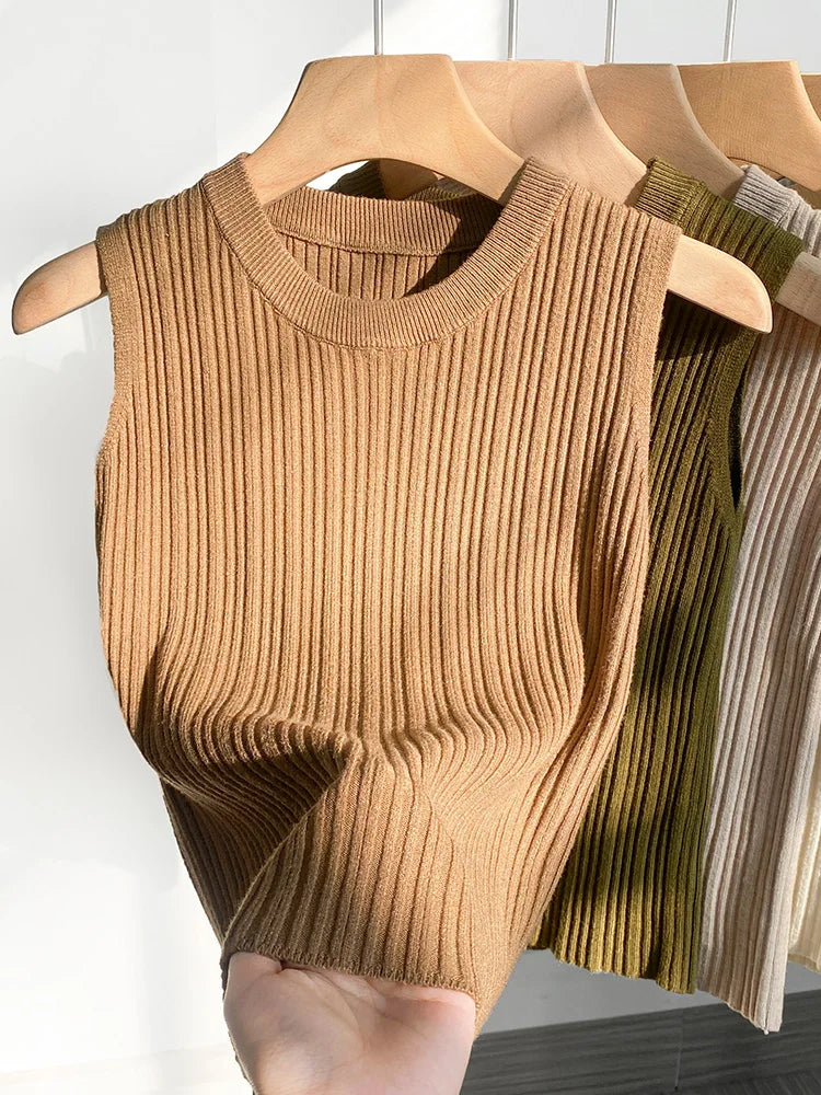 Knitted Vests Women Top O-neck Solid Tank Blusas Y2K Summer New Fashion Female Sleeveless Casual Thin Tops