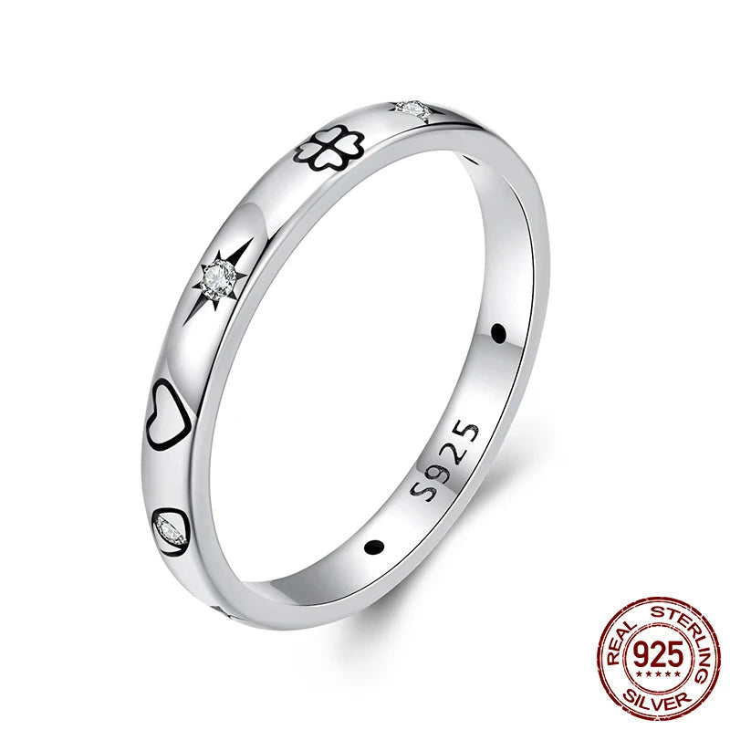 BAMOER Solid 925 Sterling Silver Lucky Guardian Band Ring, Minimalistic Statement Ring with CZ Delicate Personalized Jewelry