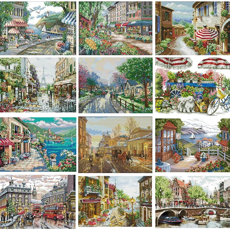 Beautiful Street View Series DIY Scenery Pattern Cross Stitch Kit 14CT 11CT 16CT Canvas Printed Fabric Embroidery Needlework Set