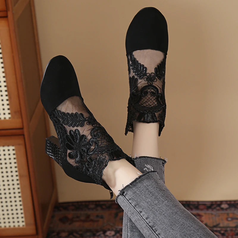 Women's Shoes Zipper Fashion Women's Sandals Flower Decoration Office Shoes Boot Pointed-toe Ankle Sandals Zapatos