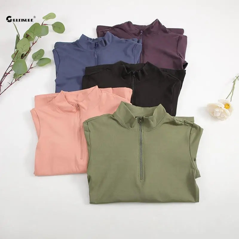 Long Sleeve Yoga Running Shirt top Half-zip Sports Top with Thumb holes Elastic Breathable
