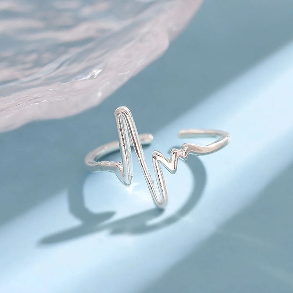Electrocardiogram 925 Sterling Silver Wave Heartbeat Lightning Opening Rings Love heart