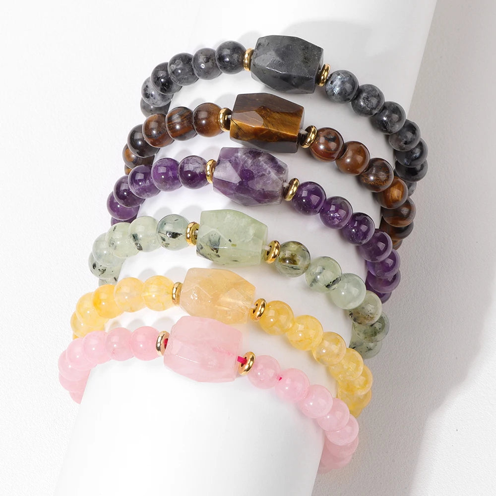 Square Amethysts Beads Bracelet For Women Men 8mm Natural Stone Rose Quartzs Citrines Elastic Bracelet Healing Reiki Bangles