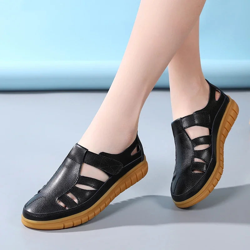 Women Gladiator Sandals Split Leather Summer Shoes Woman Hollow Out Flat Sandals Ladies Casual Soft Bottom Female Beach Sandal