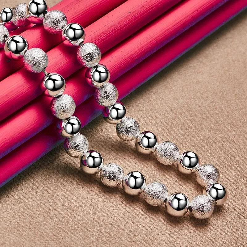 925 Sterling Silver 45cm Smooth Frosted Ball 8mm Beads Chain Necklace For Women Birthday Gift Wedding Party Fashion Jewelry