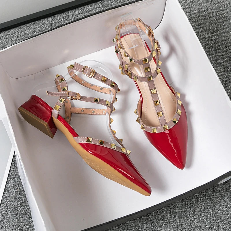 high-heeled women's sandals Fashion brand design pointed rivet red casual shoes Large size 41-43