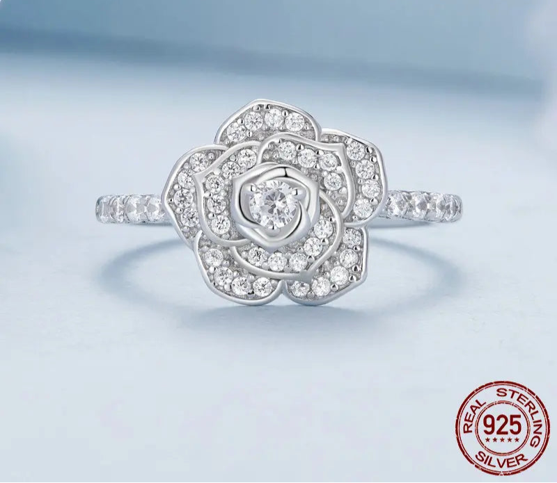 Bamoer 925 Sterling Silver Luxury Flower Ring Delicate Clear Rose Ring Pave Setting CZ for Women Fine Jewelry Gift