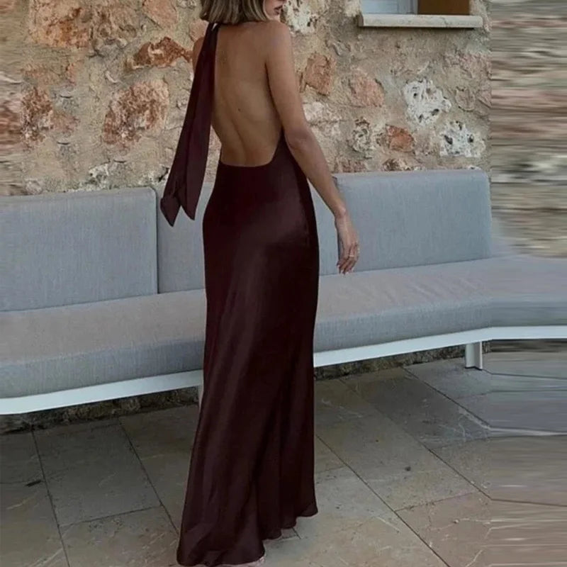 Halter Satin Long Dress Women Tied Backless Brown Maxi Midi Dress Summer Off Shoulder Party Dresses Pleated Evening Dress