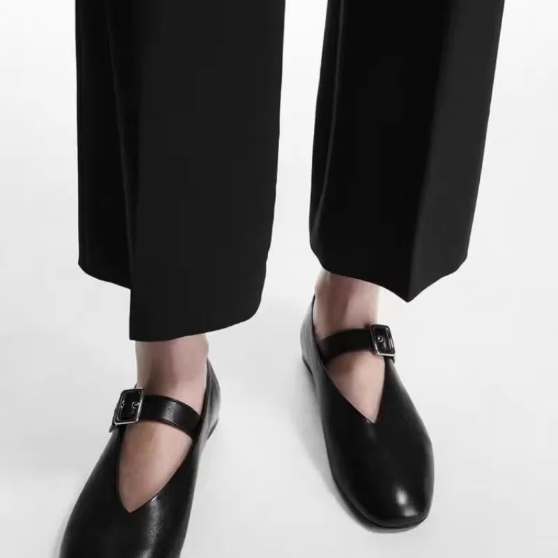 Womens Mary Jane Shoes Black Leather Vintage Flats Woman Fashion Belt Buckle Round Toe Ballet Flat Shoes