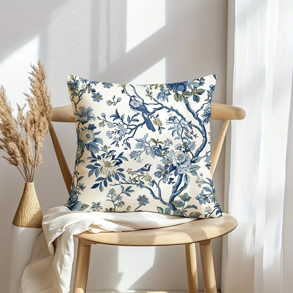 Pack of 2 blue floral bird pattern vintage printed cushion covers living room sofa bedroom room home decoration