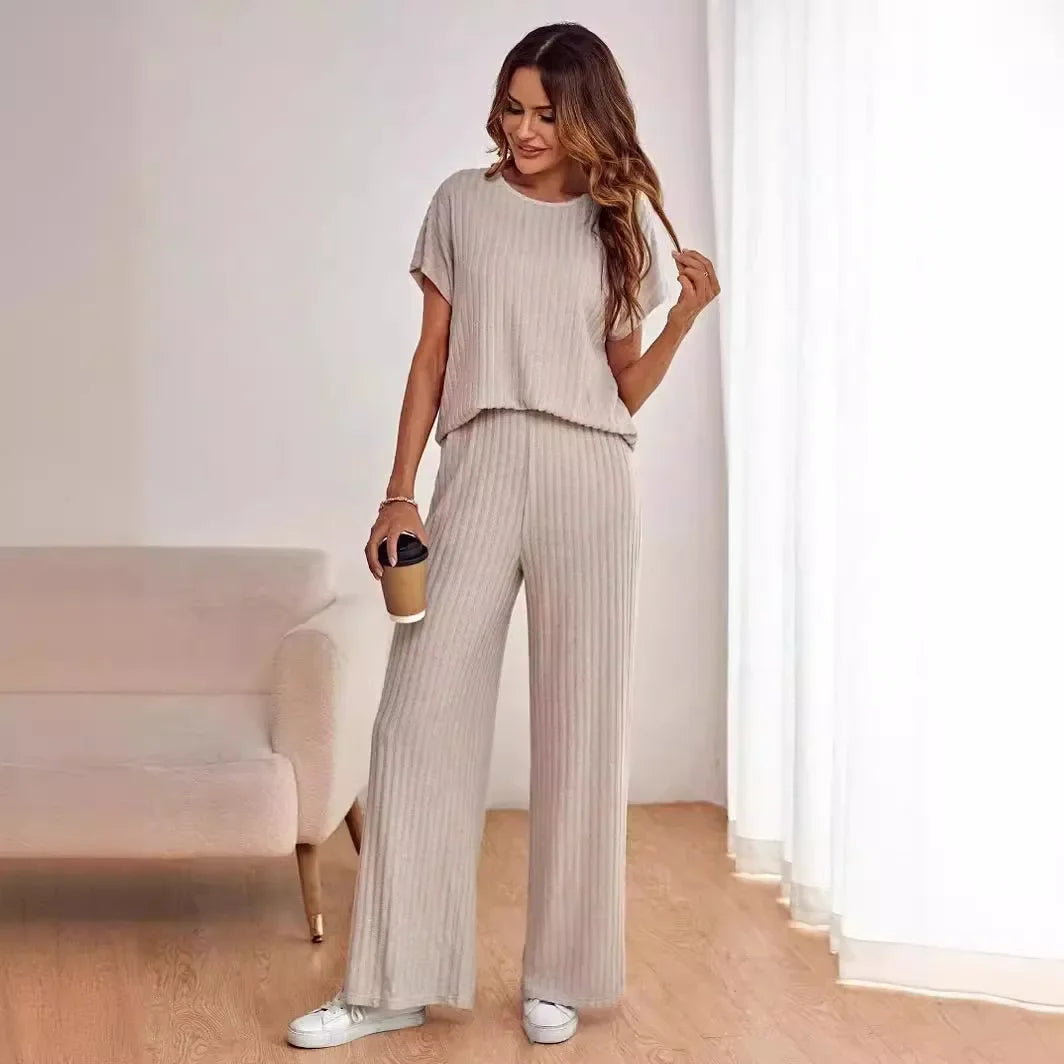 Top Loose Fit Short Sleeves and Bell Bottoms 2-Piece Set Women's Clothing Round Neck Design