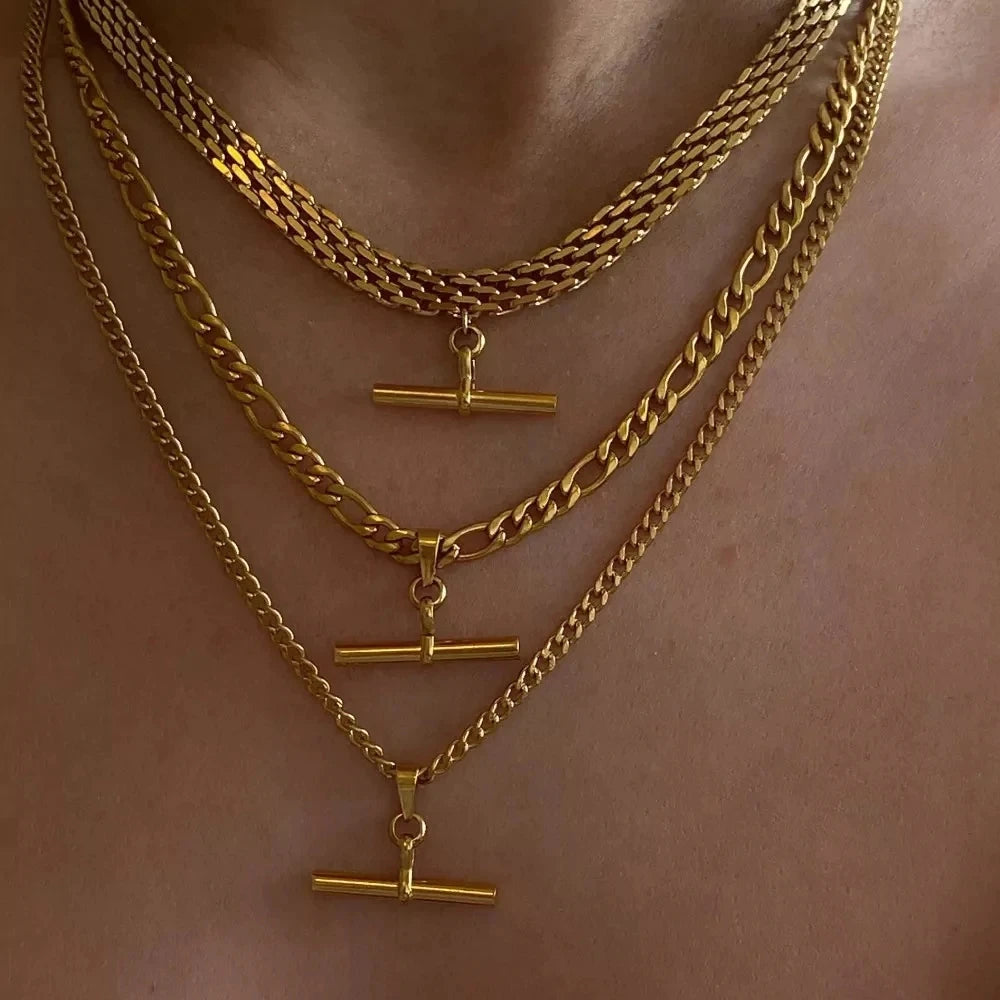 18K Gold Color Plating Figaro Cuban Chain T-bar Pendant Necklace Stainless Steel T-bar Pendant Necklace For Women